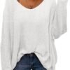 Women's V Neck Long Sleeve Knit Loose Oversized Pullover Sweater Top