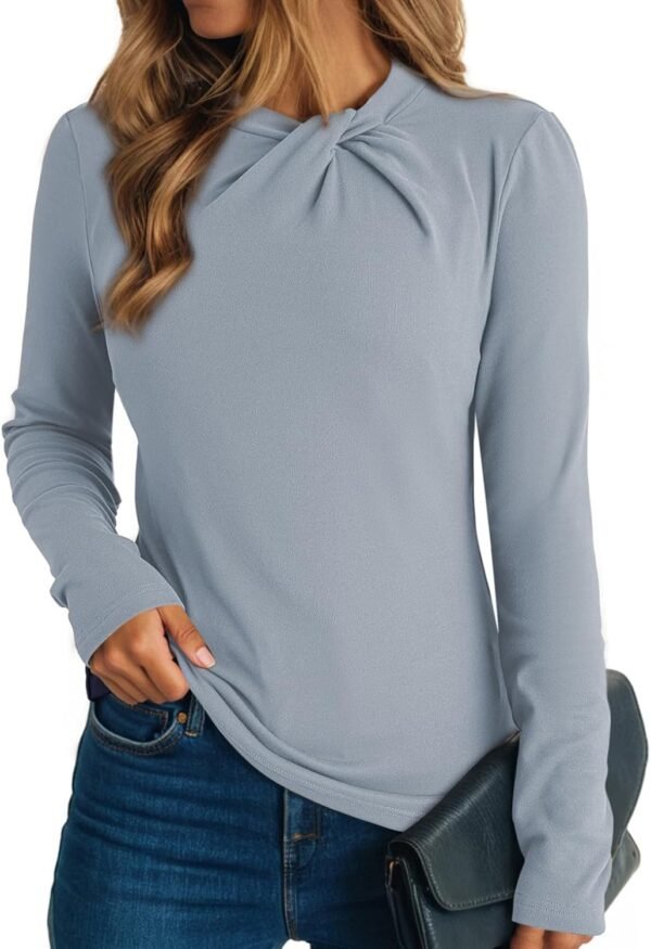 Dokotoo Womens Tops Business Casual Outfits Long Sleeve Shirts Mock Neck Twist Knot Slim Fit Soft Stretch Tees Blouses