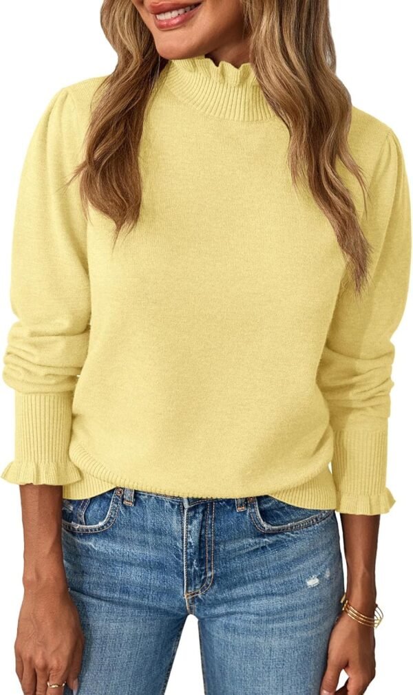 Womens Ruffle Mock Neck Sweater Puff Long Sleeve Fall Soft Knit Casual Pullover Sweaters Top