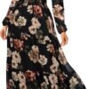 Women's Floral Boho Long Sleeve Maxi Dress V Neck Empire Waist Swing Flowy Wedding Guest Dress