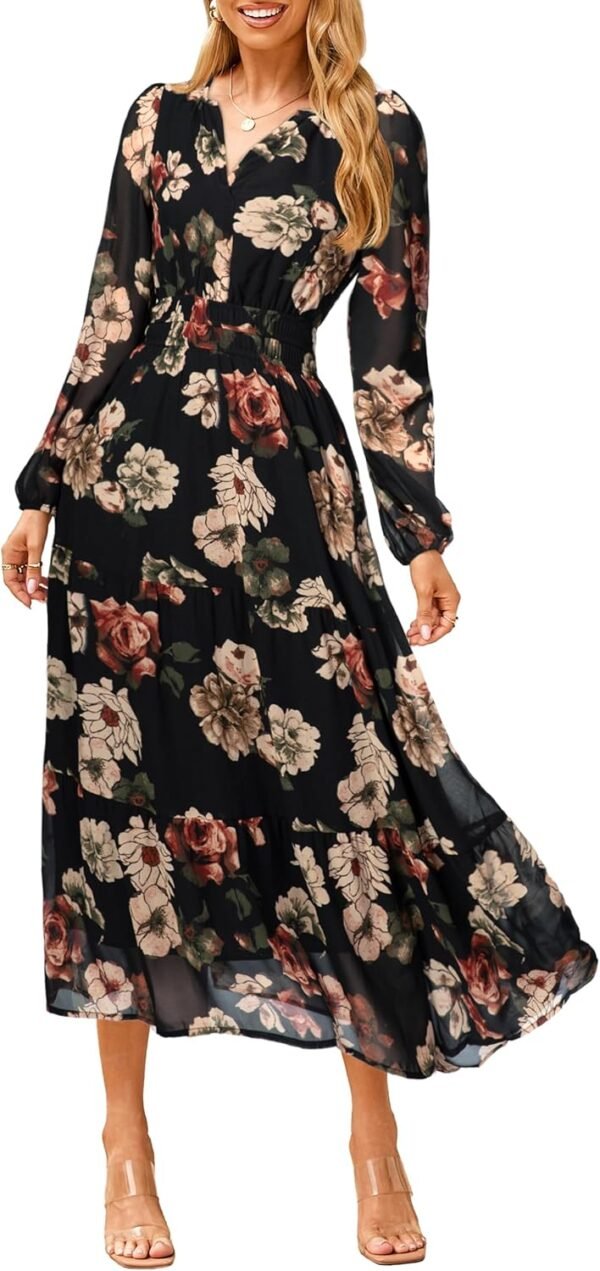 Women's Floral Boho Long Sleeve Maxi Dress V Neck Empire Waist Swing Flowy Wedding Guest Dress
