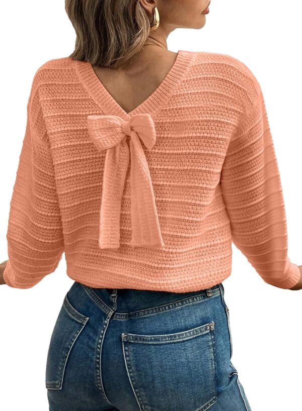 Sweaters for Women Long Sleeve Fall Outfits 2025 Back Bow Knot Sweaters Round Neck Solid Knit Pullover Tops