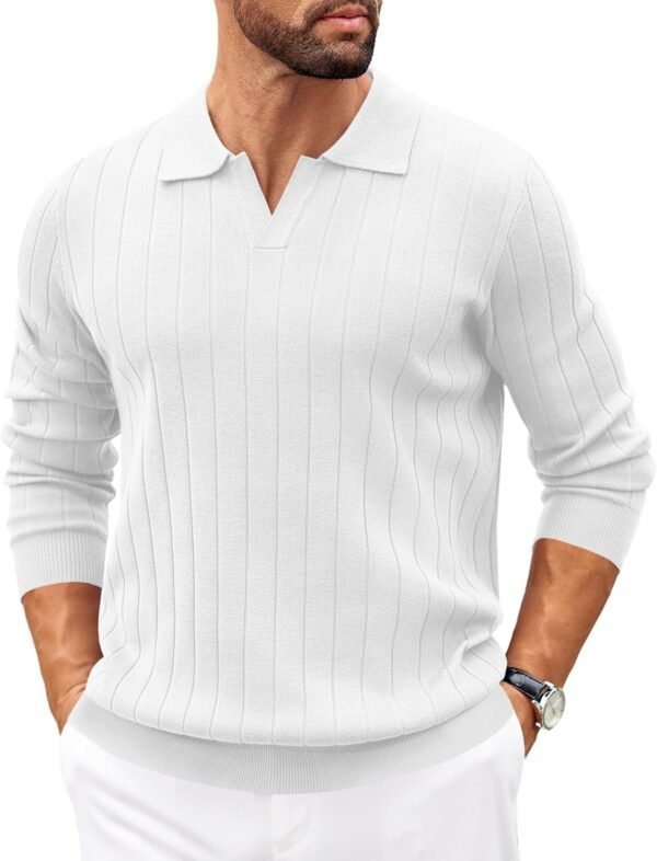 Mens Sweaters Polos Long Sleeve V Neck Knit Polo Lightweight Casual Pullover Sweater