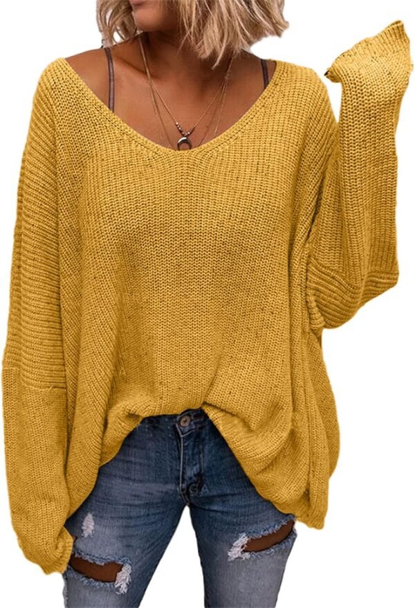 Women's V Neck Long Sleeve Knit Loose Oversized Pullover Sweater Top