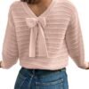 Sweaters for Women Long Sleeve Fall Outfits 2025 Back Bow Knot Sweaters Round Neck Solid Knit Pullover Tops