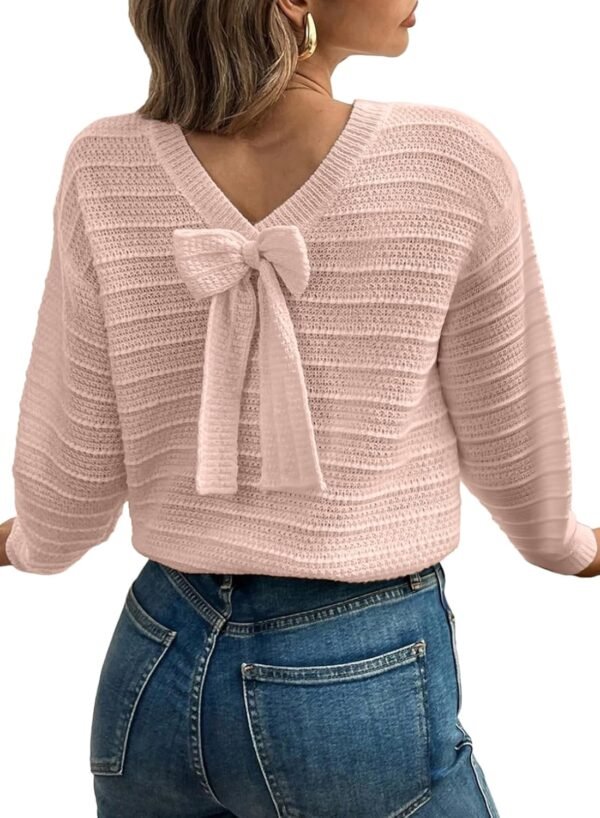 Sweaters for Women Long Sleeve Fall Outfits 2025 Back Bow Knot Sweaters Round Neck Solid Knit Pullover Tops