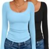 Long Sleeve Shirts for Womens Scoop Neck Tops Slim Fit Undershirts Basic Thermal Tee Shirt