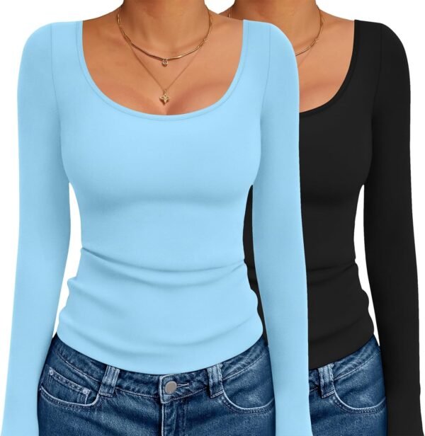 Long Sleeve Shirts for Womens Scoop Neck Tops Slim Fit Undershirts Basic Thermal Tee Shirt