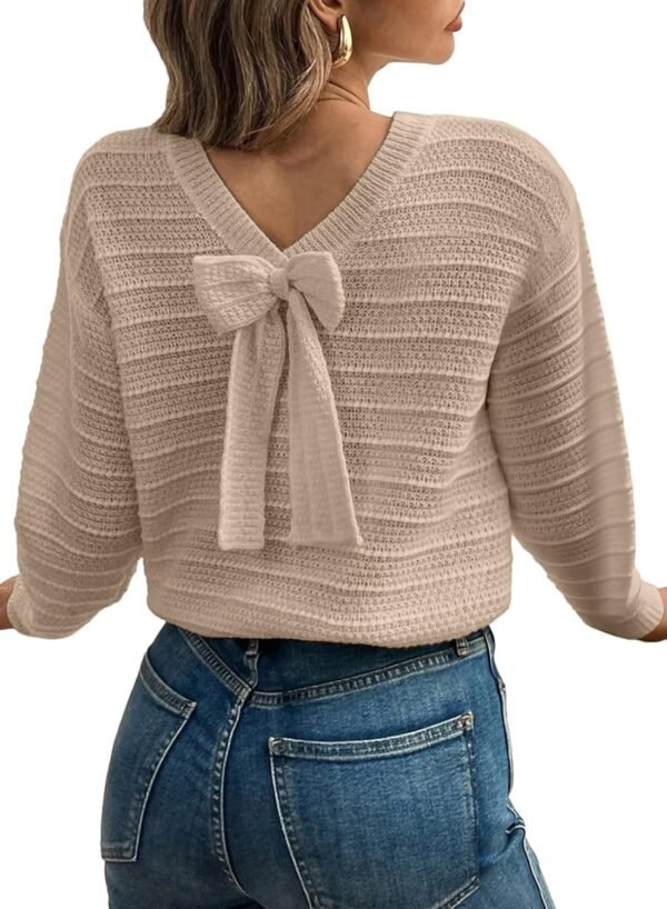 Sweaters for Women Long Sleeve Fall Outfits 2025 Back Bow Knot Sweaters Round Neck Solid Knit Pullover Tops