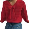 Sweaters for Women Long Sleeve Fall Outfits 2025 Back Bow Knot Sweaters Round Neck Solid Knit Pullover Tops