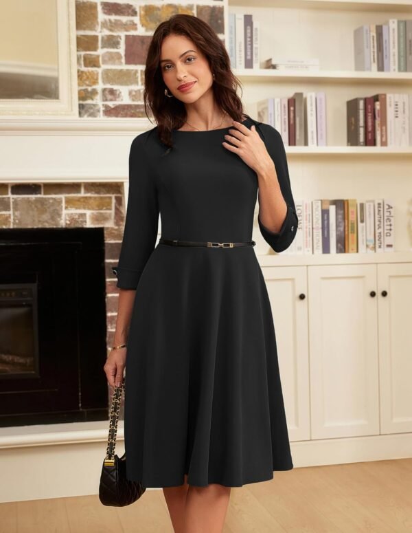 Work Dresses for Women 2025 3/4 Sleeve Fit and Flare Business Midi Dress Classy Office Dresses with Pockets