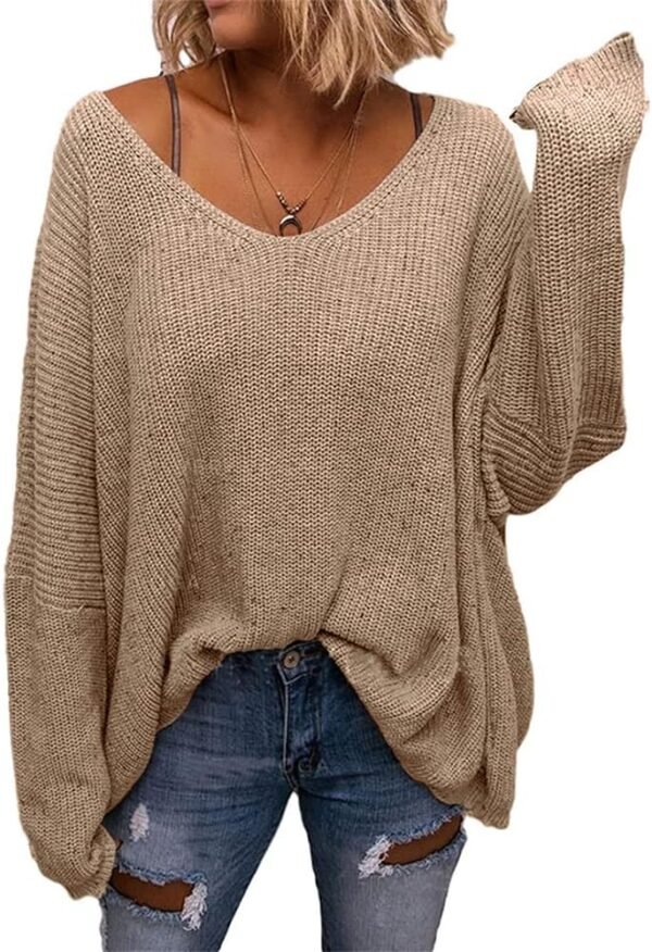 Women's V Neck Long Sleeve Knit Loose Oversized Pullover Sweater Top