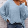 Women's V Neck Long Sleeve Knit Loose Oversized Pullover Sweater Top