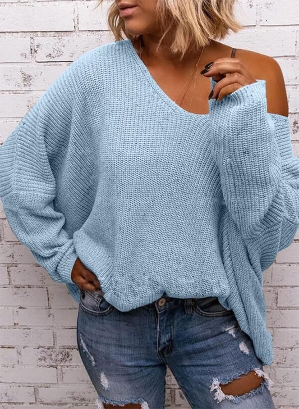 Women's V Neck Long Sleeve Knit Loose Oversized Pullover Sweater Top