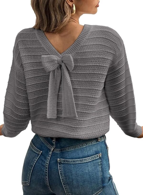 Sweaters for Women Long Sleeve Fall Outfits 2025 Back Bow Knot Sweaters Round Neck Solid Knit Pullover Tops