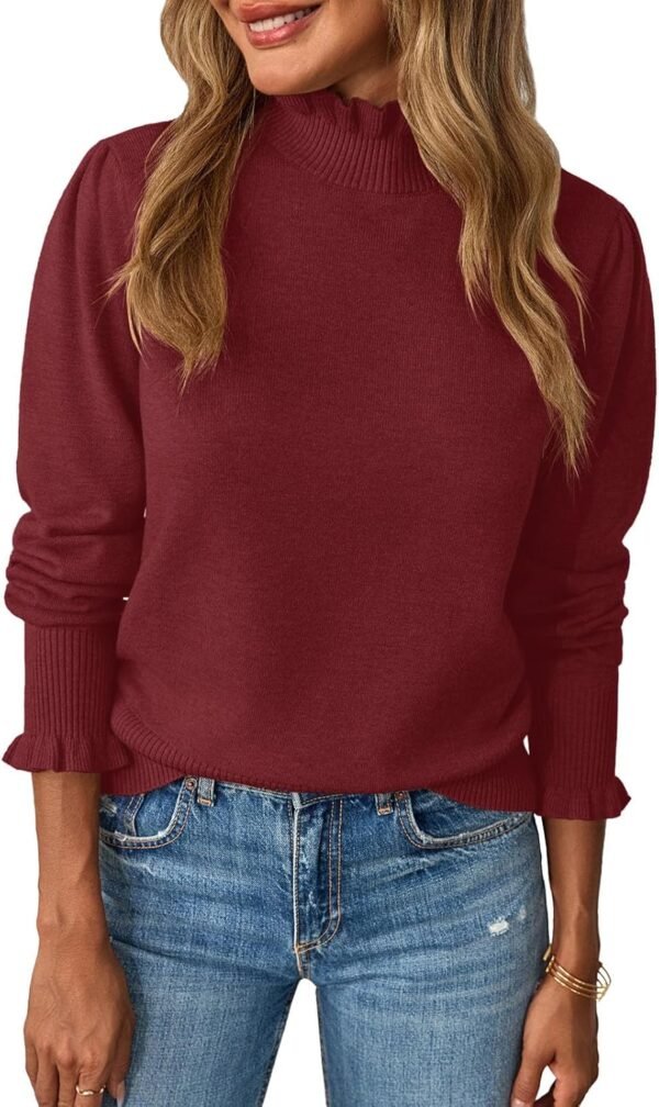 Womens Ruffle Mock Neck Sweater Puff Long Sleeve Fall Soft Knit Casual Pullover Sweaters Top