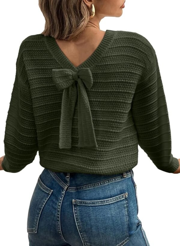 Sweaters for Women Long Sleeve Fall Outfits 2025 Back Bow Knot Sweaters Round Neck Solid Knit Pullover Tops