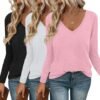 Long Sleeve Shirts for Women V Neck T Shirt Fall Casual Tops Basic Base Layer Undershirts Tees 2025 S-XXL