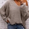 Women's V Neck Long Sleeve Knit Loose Oversized Pullover Sweater Top