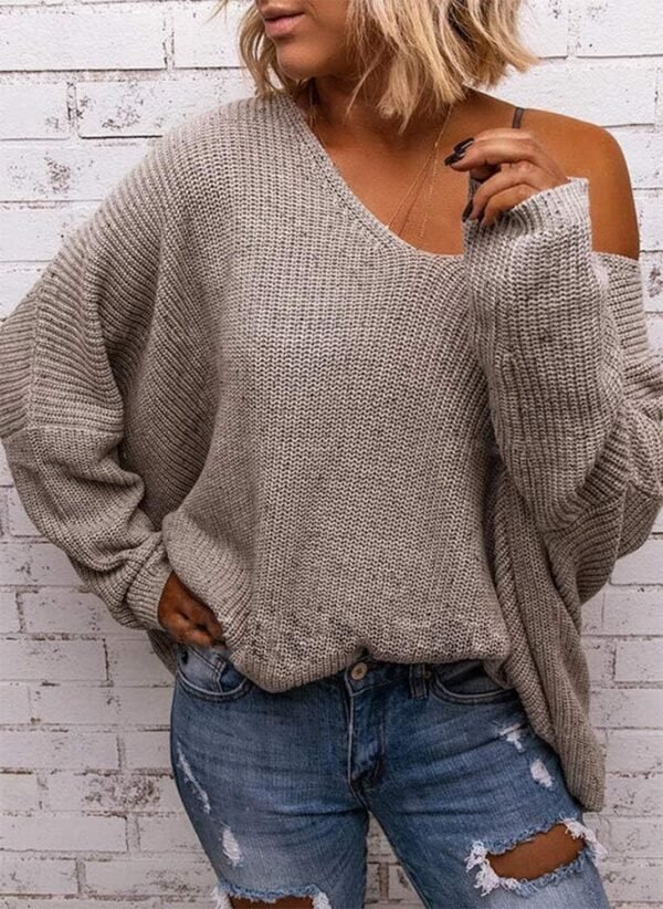 Women's V Neck Long Sleeve Knit Loose Oversized Pullover Sweater Top
