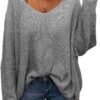 Women's V Neck Long Sleeve Knit Loose Oversized Pullover Sweater Top