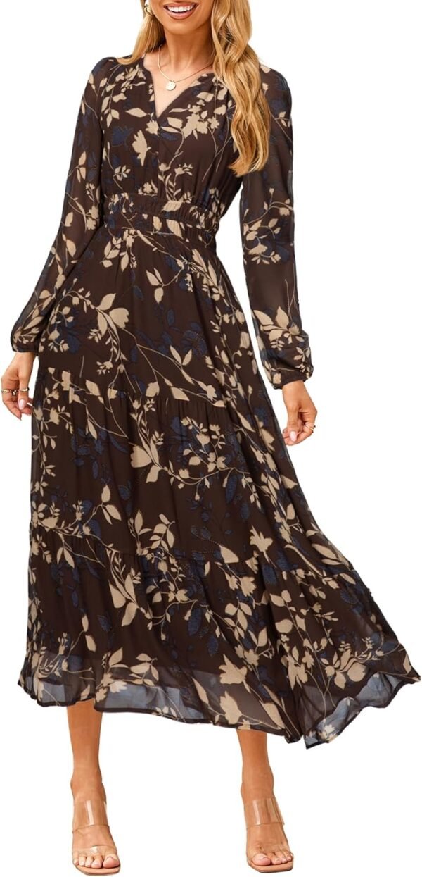 Women's Floral Boho Long Sleeve Maxi Dress V Neck Empire Waist Swing Flowy Wedding Guest Dress