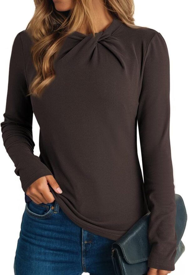 Dokotoo Womens Tops Business Casual Outfits Long Sleeve Shirts Mock Neck Twist Knot Slim Fit Soft Stretch Tees Blouses