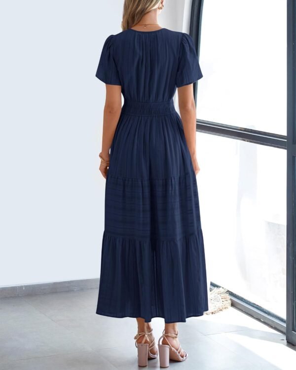 Womens Summer 2025 Casual Midi Maxi Dresses Lightweight Short Sleeve V Neck Elastic Waist Boho Beach Dress Pockets