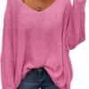 Women's V Neck Long Sleeve Knit Loose Oversized Pullover Sweater Top