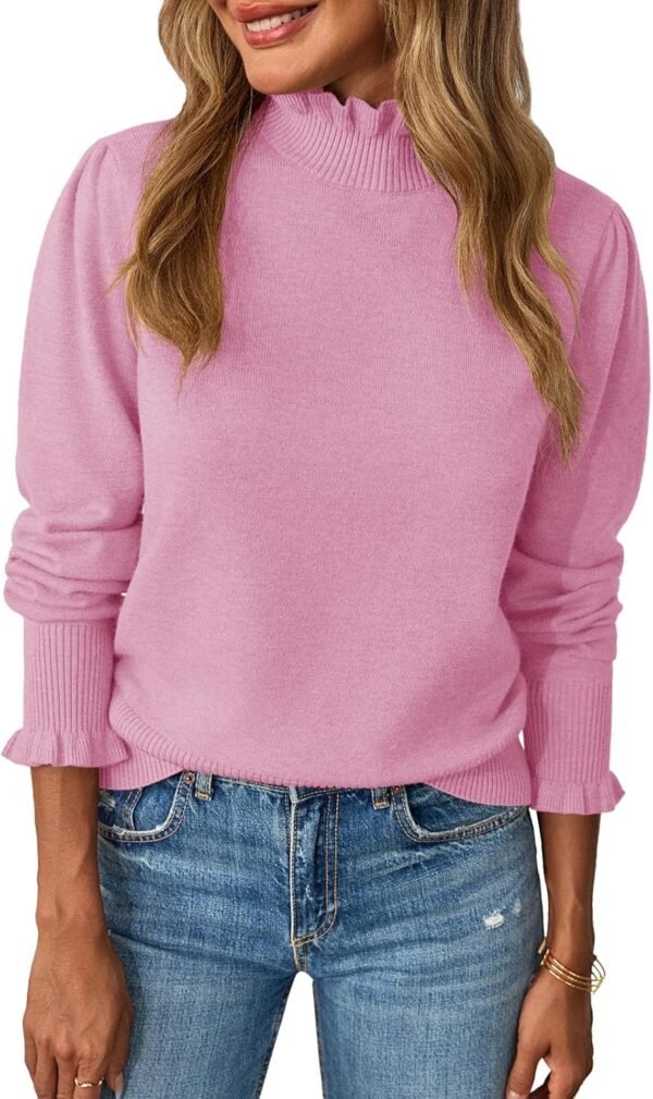 Womens Ruffle Mock Neck Sweater Puff Long Sleeve Fall Soft Knit Casual Pullover Sweaters Top