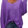 Women's V Neck Long Sleeve Knit Loose Oversized Pullover Sweater Top