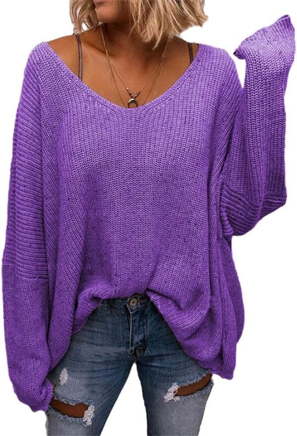 Women's V Neck Long Sleeve Knit Loose Oversized Pullover Sweater Top