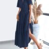 Womens Summer 2025 Casual Midi Maxi Dresses Lightweight Short Sleeve V Neck Elastic Waist Boho Beach Dress Pockets