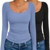 Long Sleeve Shirts for Womens Scoop Neck Tops Slim Fit Undershirts Basic Thermal Tee Shirt