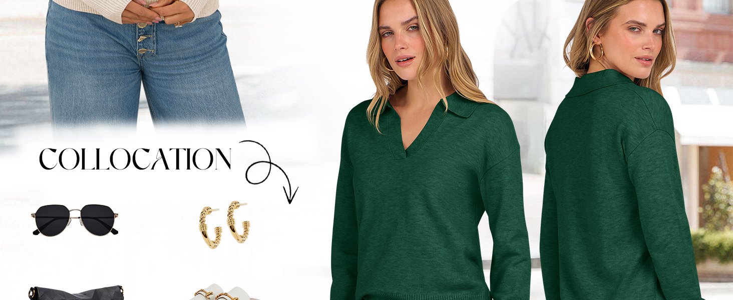 Womens Polo V Neck Long Sleeve Sweaters