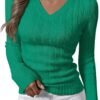 Womens Long Sleeve Cable Knit Sweater 2025 Fall Fashion V Neck Fitted Pullover Top Business Casual Work Fall Outfits