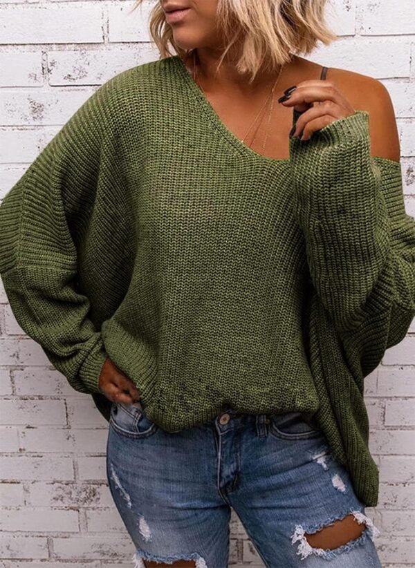 Women's V Neck Long Sleeve Knit Loose Oversized Pullover Sweater Top