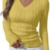 Womens Long Sleeve Cable Knit Sweater 2025 Fall Fashion V Neck Fitted Pullover Top Business Casual Work Fall Outfits