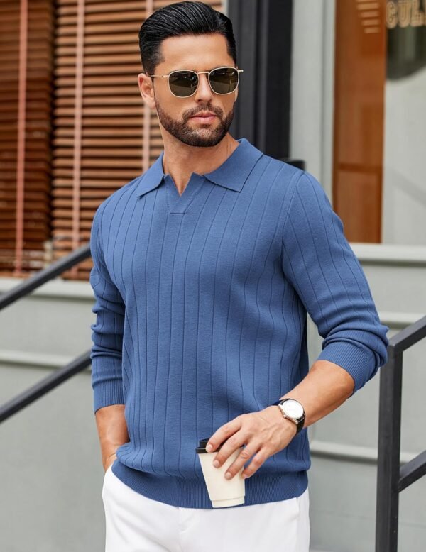 Mens Sweaters Polos Long Sleeve V Neck Knit Polo Lightweight Casual Pullover Sweater