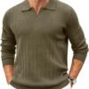 Mens Sweaters Polos Long Sleeve V Neck Knit Polo Lightweight Casual Pullover Sweater