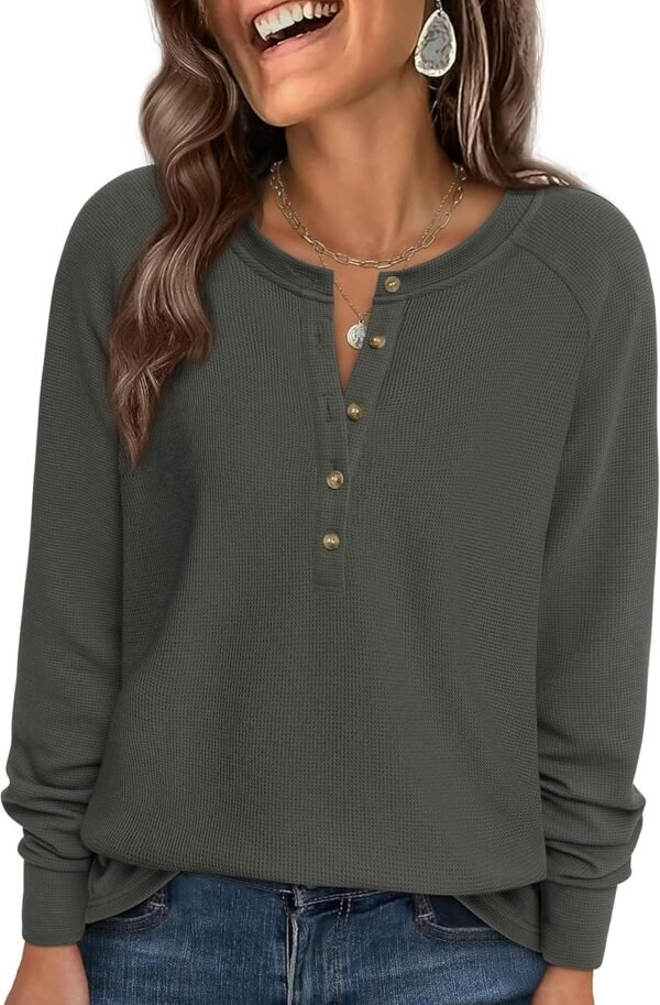 Women Long Sleeve Waffle Knit Shirts 2025 Fall Casual Button V Neck Loose Henley Tops Basic Tees Winter Clothes