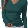 Womens Long Sleeve Cable Knit Sweater 2025 Fall Fashion V Neck Fitted Pullover Top Business Casual Work Fall Outfits