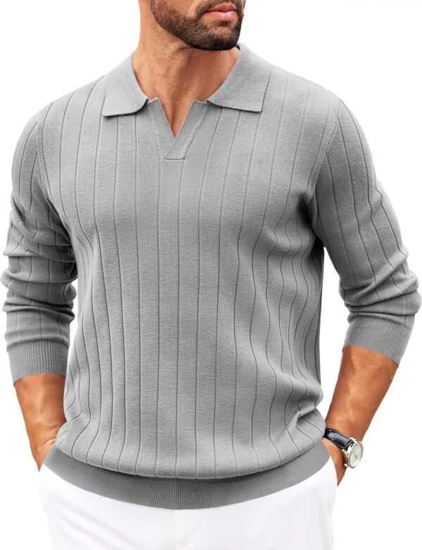 Mens Sweaters Polos Long Sleeve V Neck Knit Polo Lightweight Casual Pullover Sweater