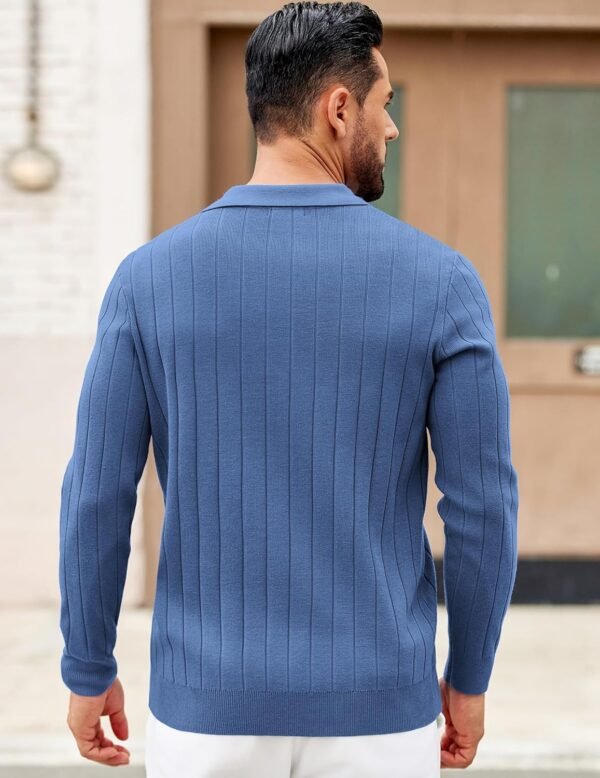 Mens Sweaters Polos Long Sleeve V Neck Knit Polo Lightweight Casual Pullover Sweater