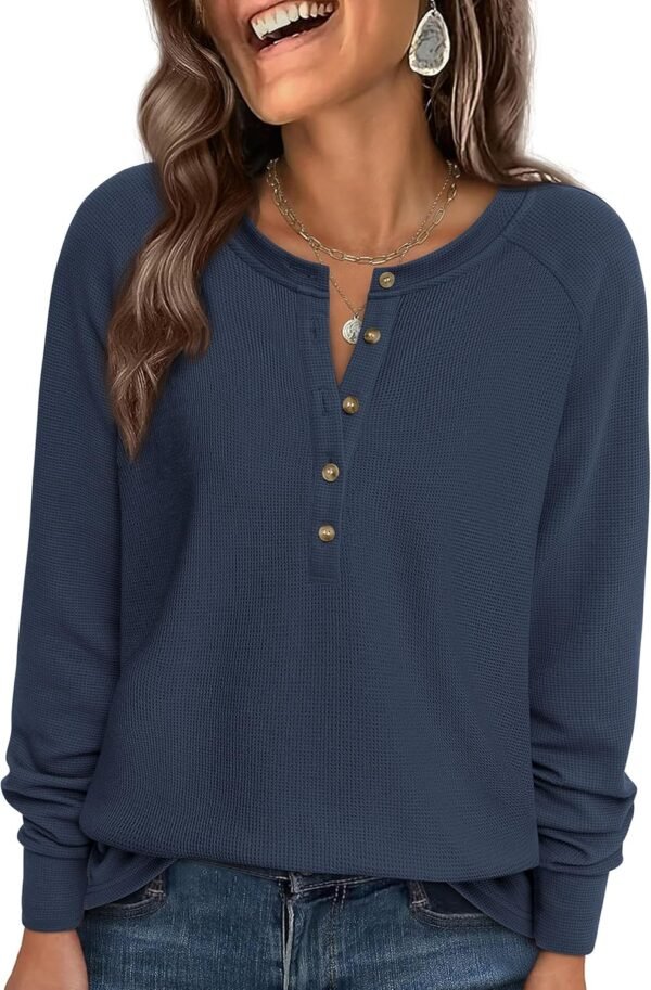 Women Long Sleeve Waffle Knit Shirts 2025 Fall Casual Button V Neck Loose Henley Tops Basic Tees Winter Clothes