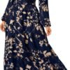 Women's Floral Boho Long Sleeve Maxi Dress V Neck Empire Waist Swing Flowy Wedding Guest Dress