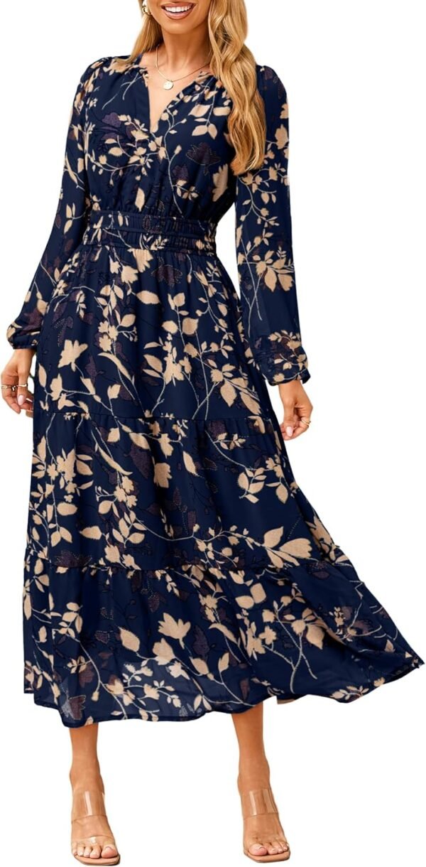 Women's Floral Boho Long Sleeve Maxi Dress V Neck Empire Waist Swing Flowy Wedding Guest Dress
