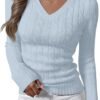 Womens Long Sleeve Cable Knit Sweater 2025 Fall Fashion V Neck Fitted Pullover Top Business Casual Work Fall Outfits