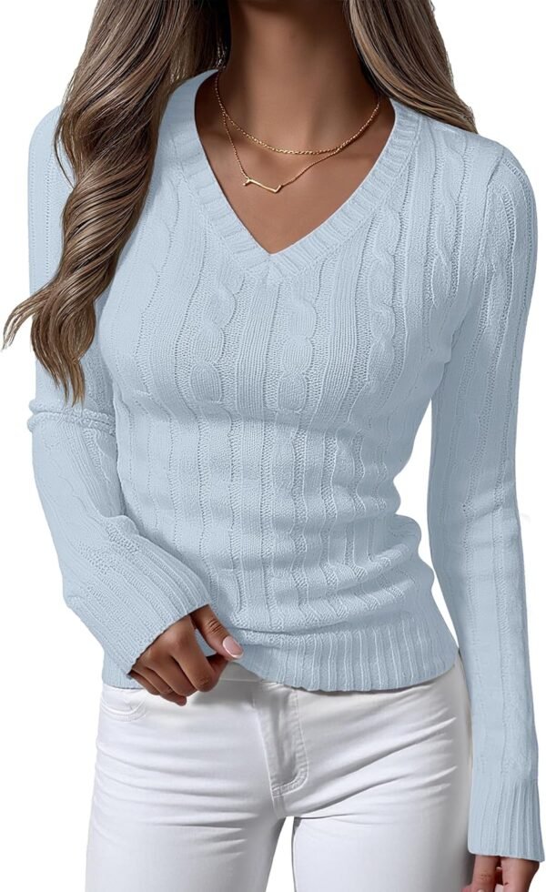 Womens Long Sleeve Cable Knit Sweater 2025 Fall Fashion V Neck Fitted Pullover Top Business Casual Work Fall Outfits