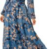 Women's Floral Boho Long Sleeve Maxi Dress V Neck Empire Waist Swing Flowy Wedding Guest Dress
